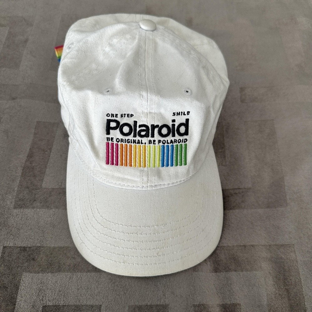 Polaroid Hat Cap Strap Back One Size Mens White Rainbow Embroidered Logo Camera
